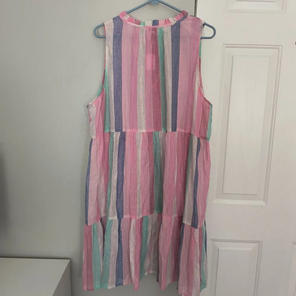 J.Crew Dress NEW 3X Pink Multi Ruffle Shimmer Beach Tiered Metallic Swim Coverup